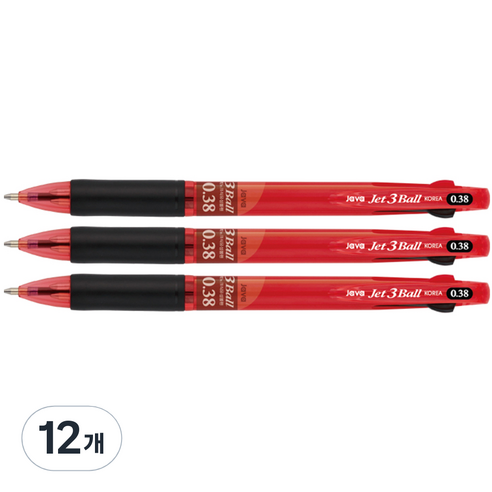 자바펜 제트3볼 3색 볼펜 0.38mm, 레드, 12개