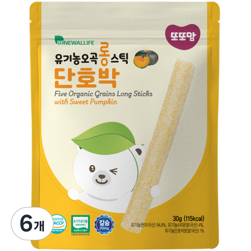 또또맘 유아용 유기농 오곡 롱스틱 과자 30g, 6개, 단호박맛