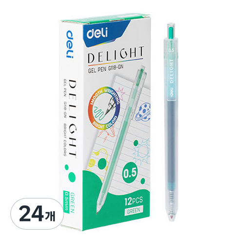 델리 델라이트 퀵드라이 노크식 젤잉크펜 0.5mm EQ118, 그린, 24개