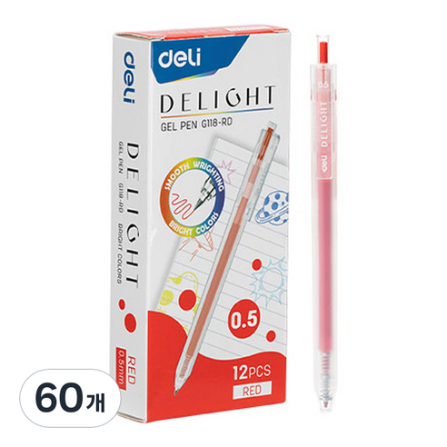 델리 델라이트 퀵드라이 노크식 젤잉크펜 0.5mm EQ118, 레드, 60개