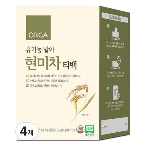 ORGA 유기농 발아 현미차 티백, 10g, 15개입, 4개