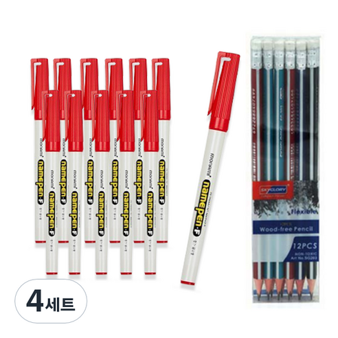 모나미 중간 글씨용 네임펜 F 12p + 스카이글로리 삼각 지우개 연필 12p 세트, 적색, 4세트