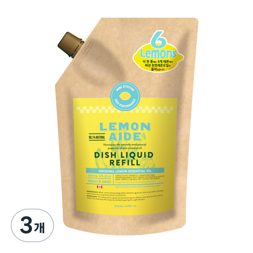 레몬에이드 주방용 리필 세제 오리지널 레몬, 450ml, 3개