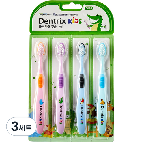 덴트릭스 아동용 동국제약 바른치아 칫솔 4종 세트, 4색, 4개입, 3세트