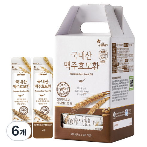 유기농마루 국내산 저온건조 맥주효모환 100포, 200g, 6개