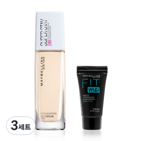 메이블린 슈퍼스테이 파운데이션 30ml + 미니 프라이머 5ml 세트, 110 포슬린(파운데이션), 랜덤발송(프라이머), 3세트