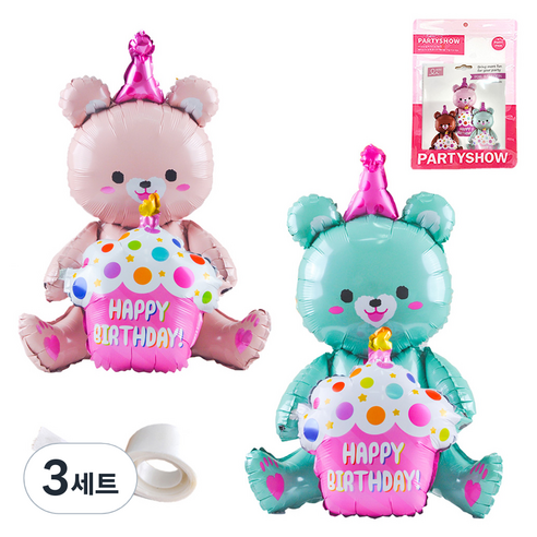 파티쇼 생일파티 곰돌이 은박 풍선 컵케익 2p + 글루닷 접착 스티커 세트, 핑크(곰돌이 은박 풍선), 민트(곰돌이 은박 풍선), 3세트