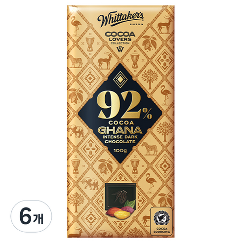 휘태커스 코코아 러버 컬렉션 92% 가나 다크초콜릿, 100g, 6개