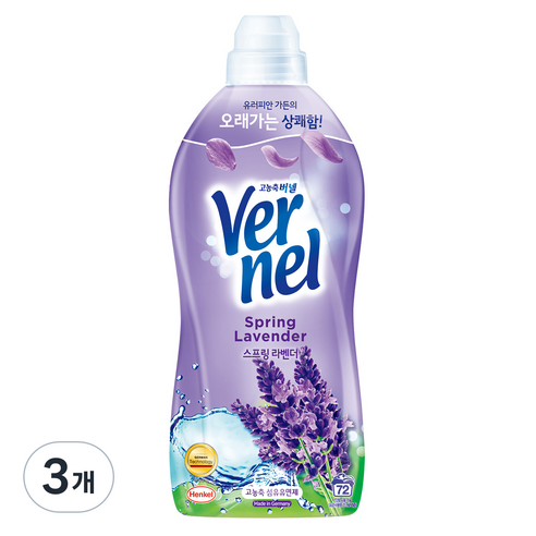 버넬 고농축 섬유유연제 스프링 라벤더 본품, 1.8L, 3개