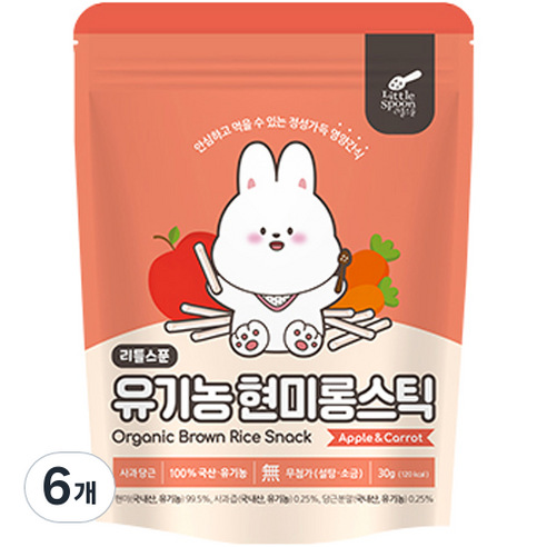 리틀스푼 쌀과자 유기농 떡뻥 스틱 현미 롱스틱, 혼합맛(사과 / 당근), 30g, 6개