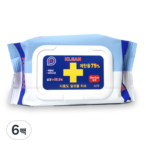 클린 19 알콜 소독 티슈 캡형 대용량, 60매, 6개