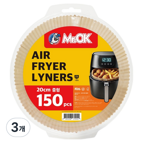 Mr.ok 에어프라이어 종이호일, 3개, 150개입, 20cm