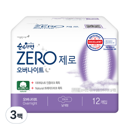 순수한면 제로 오버나이트 생리대 날개형, 12개입, 3팩