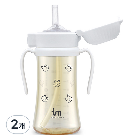 토비앤몰리 유아용 PPSU 돗바니 원터치락 빨대컵, 280ml, 2개, 돗바니 화이트