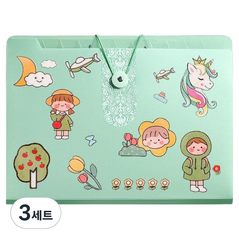 올인셀 데일리 아코디언 파일 12칸 A4 + 스티커 세트, 파스텔그린(파일), 3세트
