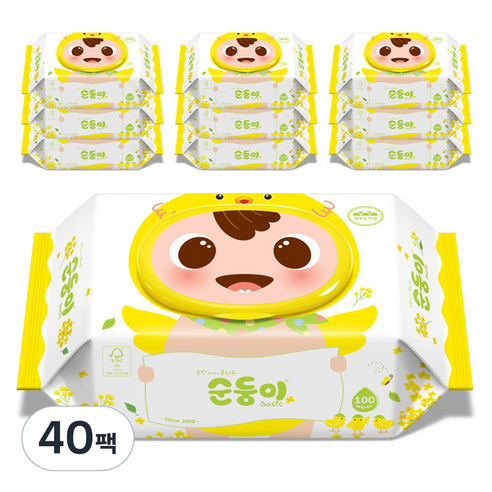 순둥이 베이직 엠보싱 봄 신학기 에디션 물티슈 캡형, 100매, 40팩