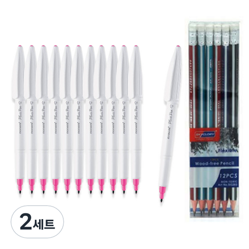 모나미 네온 프러스펜 S 12p + 스카이글로리 삼각 지우개 연필 12p 세트, 핑크, 2세트