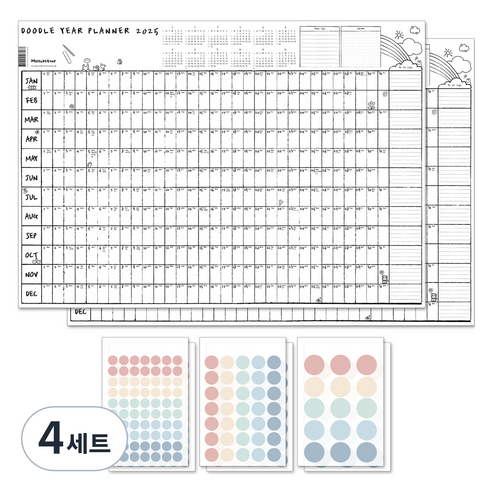 멜로우스토리 두들 연간 플래너 2025 포스터 달력 2p + 스티커 3종 x 2p 세트, 혼합색상, 4세트