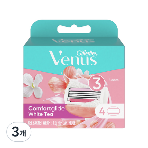 Venus 컴포트 글라이드 화이트티 여성용 면도날, 4개입, 3개