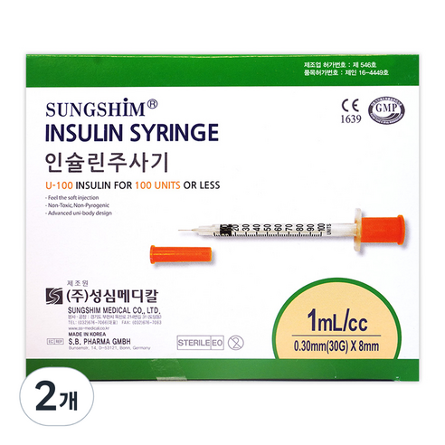 성심 인슐린 주사기 1ml 30G x 8mm, 2개