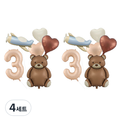 마켓피오 파티 장식 곰돌이 숫자 풍선 세트, 타입 3, 4세트