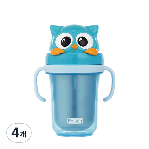 에디슨 프렌즈 흘림방지 이중 스텐 빨대컵 2 300ml, 부엉이 블루, 4개