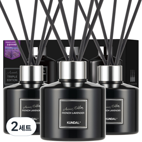 쿤달 퍼퓸 디퓨저 아로마에디션 200ml 3개 + 섬유스틱 15개 세트, 프렌치라벤더향, 2세트
