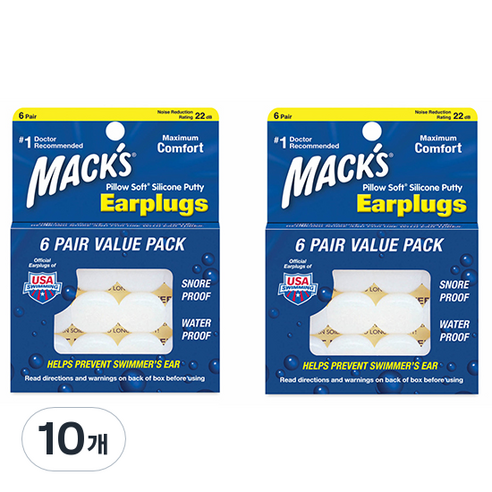 Macks 필로우소프트 수면 귀마개 흰색, 10개, 6쌍