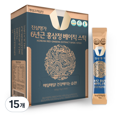 개성고려삼인 진삼명가 6년근 홍삼정 베이직 홍삼 스틱 30p, 300g, 15개