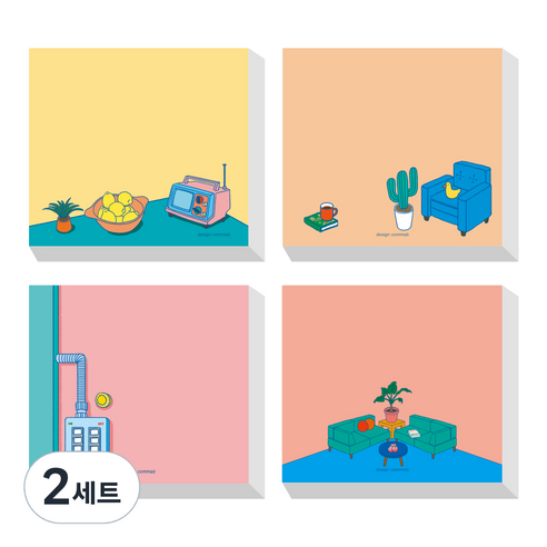 콤마비 메모왕 일러스트 메모지 4종 세트, 레몬테이블, 스위치, 파란소파, 녹색소파, 2세트