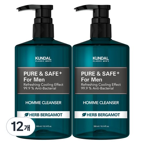 쿤달 퓨어 앤 세이프 쿨링 남성청결제 허브베르가못향, 300ml, 12개