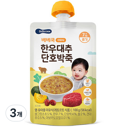 베베쿡 중기 한우 대추 단호박죽 실온 이유식, 한우 + 대추 + 단호박 혼합맛, 100g, 3개