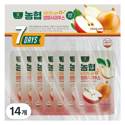 농협100 양파사과주스, 14개, 100ml