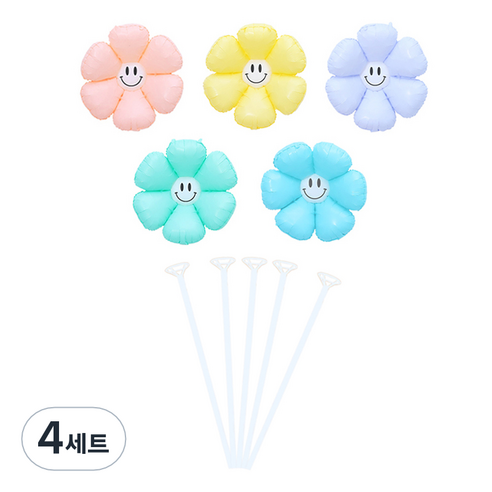 피앤비유니티 무광스마일 데이지풍선 5종 + 스틱 5p 세트, 09 혼합색상, 4세트