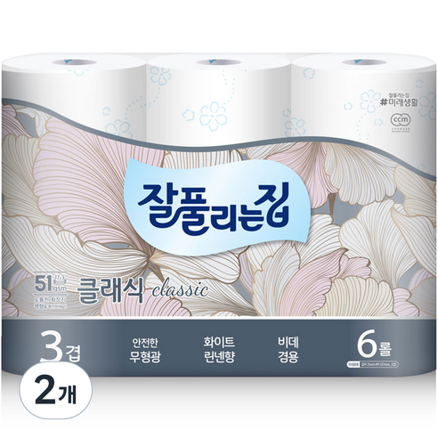 잘풀리는집 클래식 3겹 퀄팅 롤화장지 25 m, 25m, 6개입, 2개
