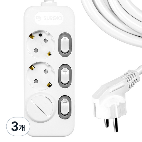 써지오 3구 개별 안전커버 멀티탭 DH-2039-RT + 안전커버, 1.5m, 혼합색상, 3개