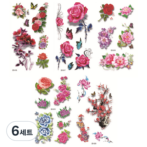컬러 나비 장미 문신 타투 스티커 5종 세트, 04, 6세트
