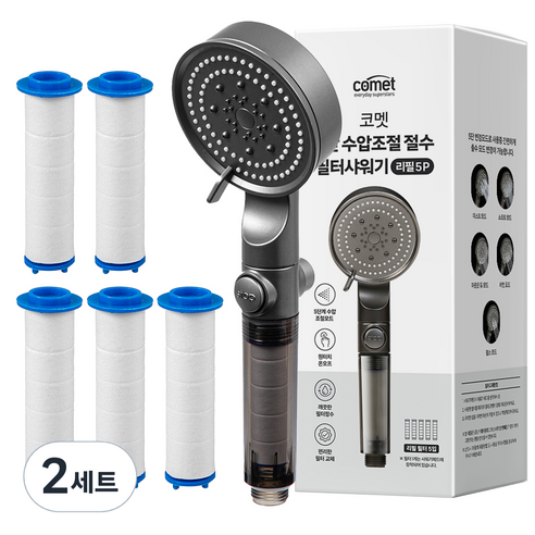 코멧 5단 수압조절 필터 샤워기 헤드 + 리필, 2개, 메탈그레이