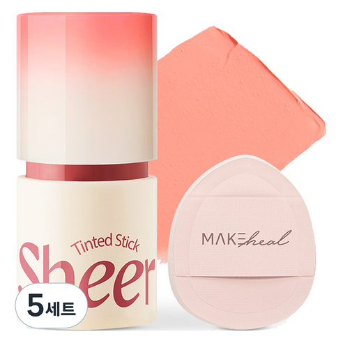 메이크힐 틴티드 쉬어 스틱 블러셔 6g + 핑거퍼프 세트, 04 쉬어 로사, 5세트