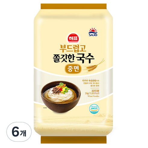 해표 부드럽고 쫄깃한 국수, 3kg, 6개