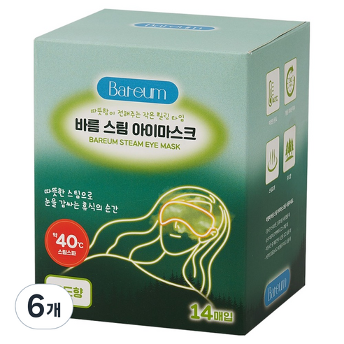 Bareum 일회용 스팀 아이마스크 우드향, 14개입, 6개