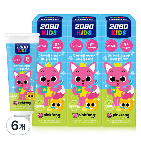 2080 핑크퐁 2스텝 불소 아동용 치약 청포도향, 80g, 6개