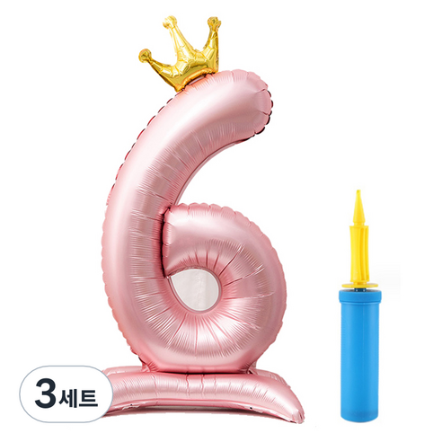 올리브파티 초대형 스탠딩 왕관 숫자 생일풍선 + 손펌프 세트, 핑크(숫자6), 3세트