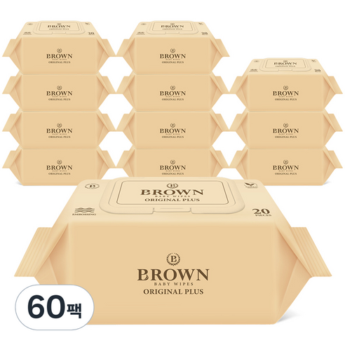 브라운 오리지널 플러스 저자극 아기물티슈 휴대용 캡형, 20매, 60팩