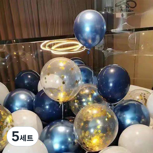 뷰라뷰 파티풍선 50p + 공기펌프 + 10m 리본 세트, 06 블루 + 화이트 + 골드스팽글(랜덤발송), 5세트