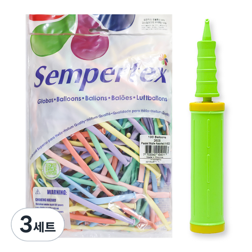 조이파티 셈퍼텍스 파스텔메이트 요술풍선 260S 100p + 손펌프 세트, 혼합색상(풍선), 라임그린(손펌프), 3세트