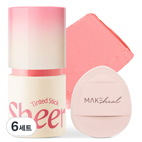 메이크힐 틴티드 쉬어 스틱 블러셔 6g + 핑거퍼프 세트, 03 쉬어 핑크 프롤리, 6개