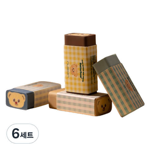 버터베어 체크 지우개 4종 세트, 블루, 베이지, 스카이, 브라운, 6세트