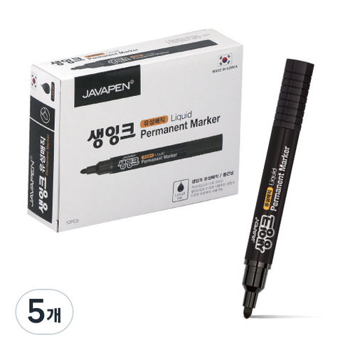 자바펜 생잉크 유성 매직 12p, 검정, 5개