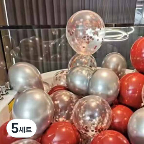 뷰라뷰 파티풍선 50p + 공기펌프 + 10m 리본 세트, 13 루비레드 + 실버 + 샴페인스팽글(랜덤발송), 5세트